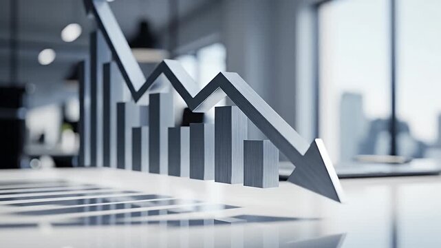 Global economic downturn conceptual 3D bar chart with downward trend arrow showing financial market crisis and business loss on a clean office background