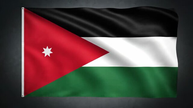 Extreme close-up of the red triangle and white seven-pointed star on the Jordan flag, highlighting the intricate fabric texture and national symbol.