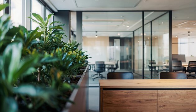 Modern Industrial Style Office with Wood Desk, Potted Plants, and Glass Meeting Room