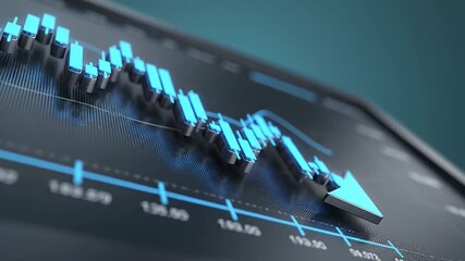 Digital financial chart showing a significant downward trend with glowing blue candlestick bars and a falling arrow representing market decline economic recession - Powered by Adobe
