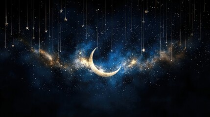 A stylized crescent moon glows brightly against a deep blue, star-filled night sky. Golden stars hang like delicate ornaments from thin threads, creating a magi