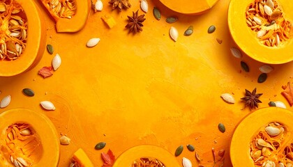 Bright orange pumpkin halves arranged on a vibrant background with seeds and spices scattered around