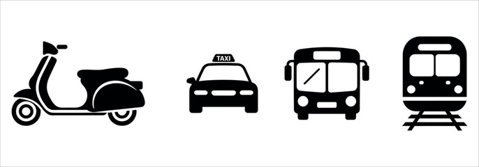 Explore city transit options with this scooter, taxi, bus, and train transportation icon set for modern urban living designs and travel themed projects.