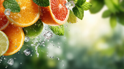 Refreshing citrus fruits with mint and ice cubes in a splash of water