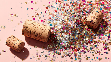 Corks scattered with colorful festive confetti on a pale pink surface glitter celebration