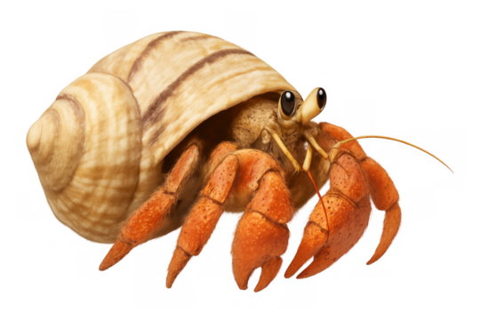 Hermit crab with a patterned shell and orange legs, showing its eyes and antennae on transparent background