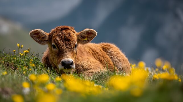 Adorable fluffy brown calf resting peacefully in a vibrant meadow of yellow flowers.