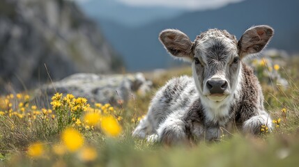 Obraz premium Adorable fluffy young calf resting in a mountain meadow with yellow wildflowers.