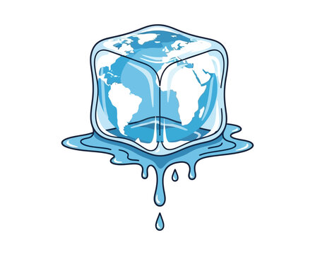 World map encased in melting ice cube symbolizing climate change and global warming awareness campaign
