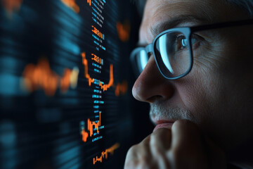 Analyst examining financial data on a large digital display. An older man with glasses studies charts and graphs on a computer screen, likely analyzing market trends.