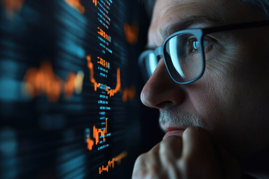 Analyst examining financial data on a large digital display. An older man with glasses studies charts and graphs on a computer screen, likely analyzing market trends.