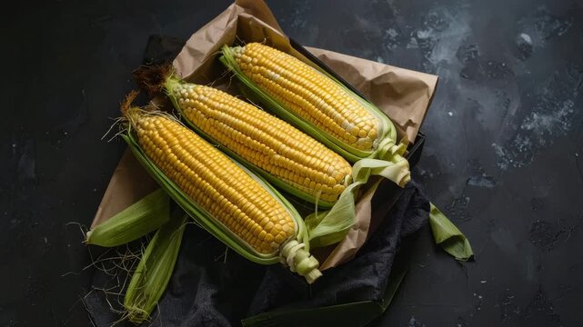 Golden Corn Bounty: A close-up shot of three fresh, vibrant corn cobs, perfectly arranged, promising a delicious harvest.