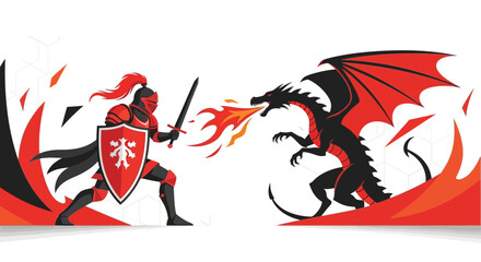 Fototapeta premium Epic battle of knight versus dragon in a stylized vector illustration showcasing bravery