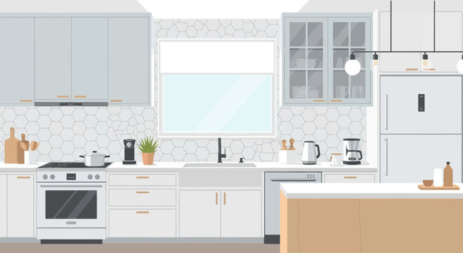 A bright and modern kitchen interior showcasing a clean and minimalist design style