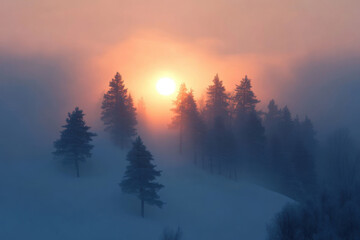 Obraz premium Mystical forest scene with fog and a beautiful sunset in the background. The tranquil forest is shrouded in a soft mist, creating a serene and captivating atmosphere.