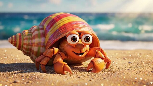 Happy cartoon hermit crab with colorful shell on a sparkling sandy beach by the ocean