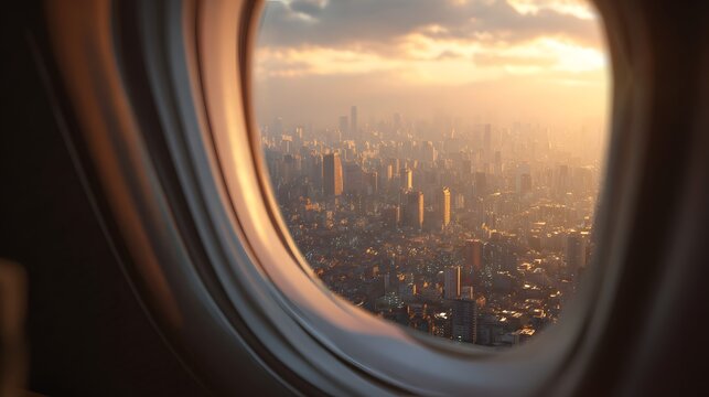 Aerial view of a modern city skyline at sunset from an airplane window. - Powered by Adobe