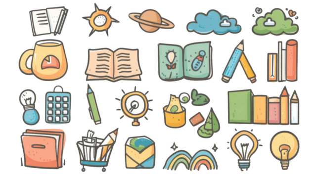 Transparent Back to School Doodle Icons Mixed with Weather, Business, and Wedding Themes