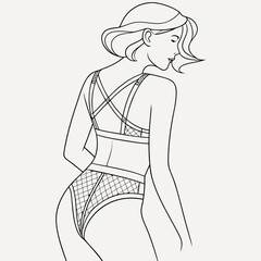 Line art drawing of a woman in stylish, strappy lingerie from behind