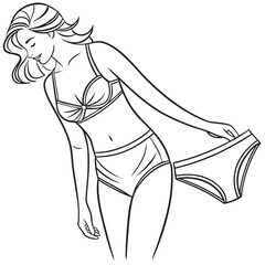 Line art drawing of a woman modeling highwaisted brief underwear