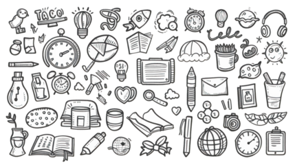 Back to School Transparent Image Doodle Icon Set with Weather, Business, and Wedding Themes