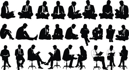 Business men and women silhouettes reading books while sitting isolated on white background vector set.