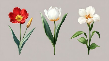 Fototapeta premium Three colorful spring flowers with green stems and leaves