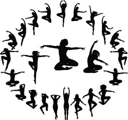 Circle frame of woman dancer silhouettes jumping and posing in gymnastic style isolated on white background vector.