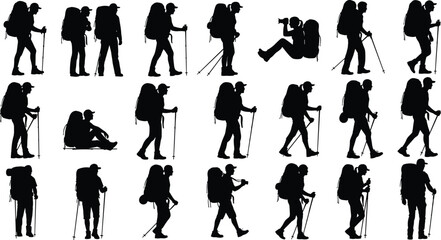 Hiking people silhouettes collection with backpacks walking trekking and resting isolated on white background vector illustration