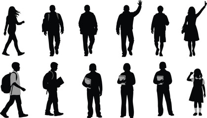 Vector collection of diverse people silhouettes including walking students and adults with backpacks showing active clipping path selection outline set.