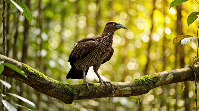Sunbittern Spreading Wings on Mossy Branch in Tropical Rainforest