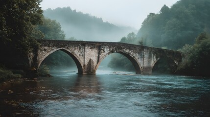 Ancient stone arch bridge crossing a river in a misty green forest.