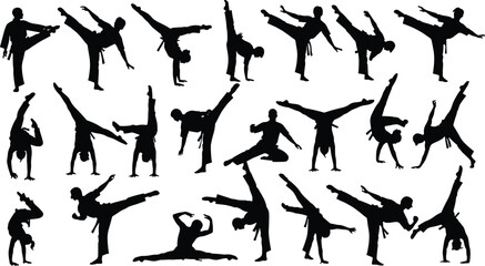 Vector silhouette set of martial arts fighters performing high kicks punches and acrobatic stunts wearing traditional uniforms on white background.