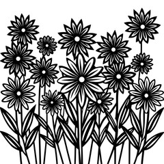 Black and white silhouette of various daisy flower heads isolated on