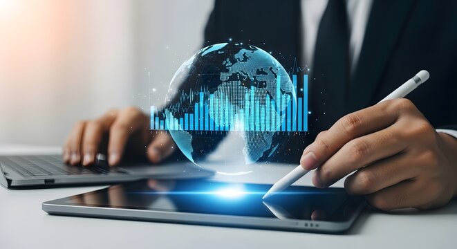 Businessman analyzing global data with digital tablet and holographic globe