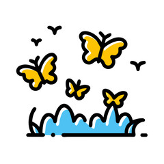 Colorful cartoon illustration of yellow butterflies flying over blue grass