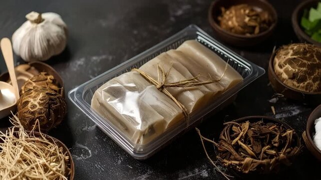 Gastronomic Ensemble: A carefully curated composition showcasing a transparent container of fresh ingredients, surrounded by an array of herbs and spices.