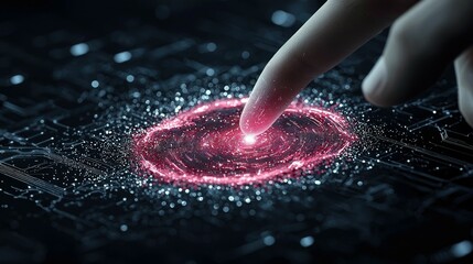 A close-up of a human finger touching a swirling pink digital galaxy or vortex, surrounded by glowing particles and intricate circuit board patterns. The lighti