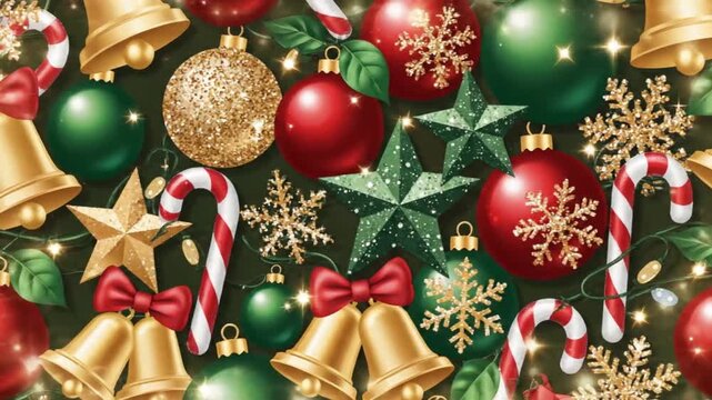 A dynamic motion graphics background featuring a seamless pattern of stylized Christmas ornaments, includes baubles, stars, bells, candy canes, and snowflakes.