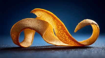 Artistic still life of a single curled orange peel on a dark blue background.