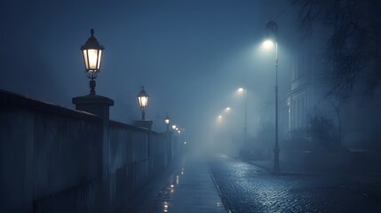 Atmospheric foggy evening on an old city street with vintage lanterns.