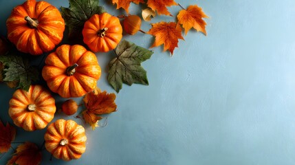 Autumnal corner border with mini pumpkins and colorful fall leaves on a blue background.