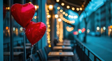 Red heart-shaped balloons are floating outside a cozy cafe adorned with warm lights, creating a romantic atmosphere for Valentine's Day celebrations and lovers' gatherings