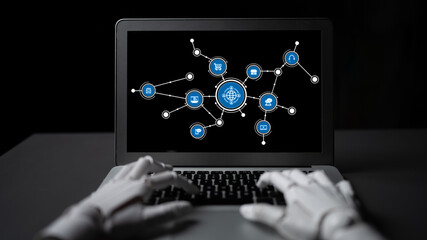 A futuristic scene showing robotic hands typing on a laptop, surrounded by data nodes representing a global network, illustrating advanced technology and communication. Tessel