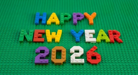 Building a joyful Happy New Year 2026 with colorful plastic toy bricks on a vibrant green background, a concept of constructing the future