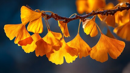 Backlit golden ginkgo leaves on a tree branch during the autumn season.