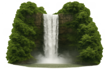 Waterfall cascade creating mist on lush green mountains, tranquil nature scene with pouring water and forest on transparent background