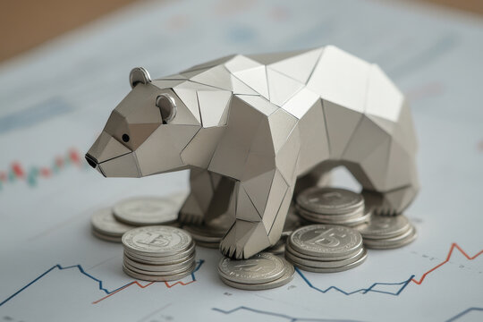 Bear market concept with paper bear and coins on financial charts. A paper bear stands over a pile of coins, symbolizing a downturn in the financial market. - Powered by Adobe