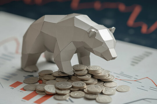Bear market concept with paper bear and coins on financial charts. A paper bear stands over a pile of coins, symbolizing a downturn in the financial market.