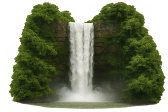 Waterfall cascade creating mist on lush green mountains, tranquil nature scene with pouring water and forest on transparent background